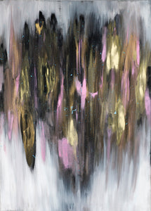 glowing gold, pink, black, and white painting - large paintings for office or living room space. nyc original artwork. 