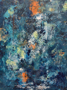 cosmic abstract expressionist painting - blue and orange galaxy nonbinary painter nyc paintings for home or office